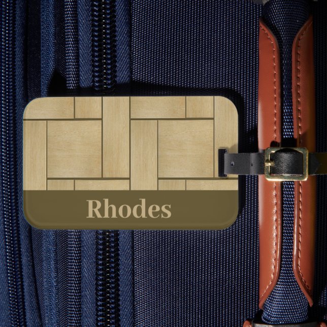 Brown wood tile print luggage tag (Front Insitu 4)
