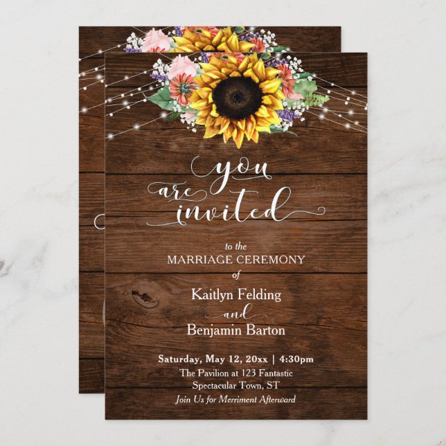 Brown Wood, Typography, Sunflower & Lights Wedding Invitation (Front/Back)