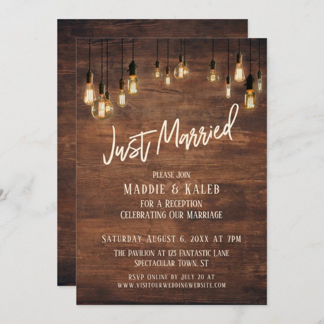 Brown Wood Wall with Edison Lights, Just Married Invitation (Front/Back)