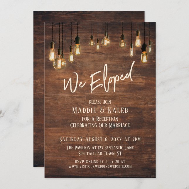 Brown Wood Wall with Edison Lights, We Eloped Invitation (Front/Back)
