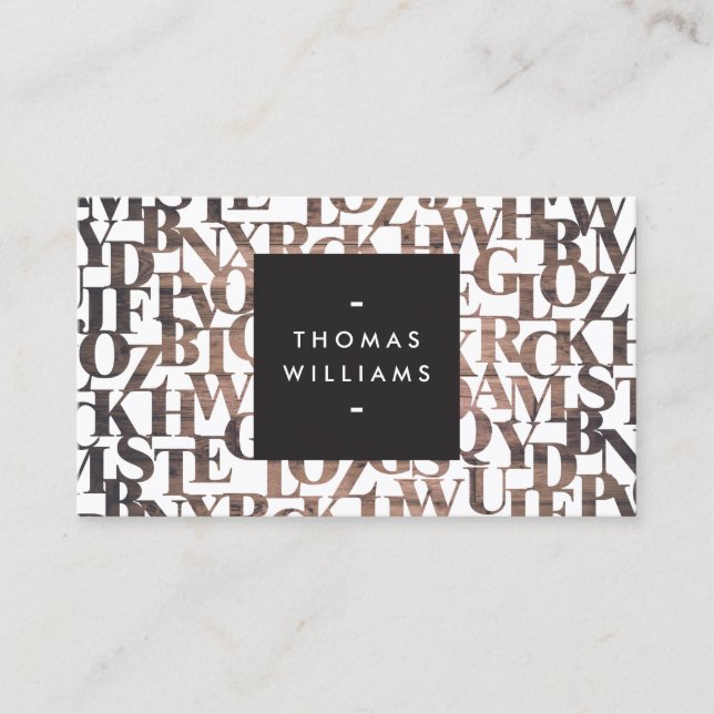 Brown Wooden Abstract Letterforms Authors, Writers Business Card (Front)