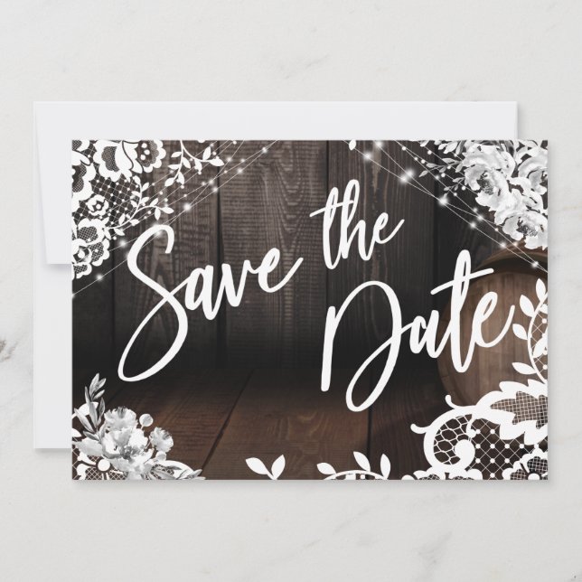 Brown Wooden Barrel Lights White Lace & Flowers Save The Date (Front)