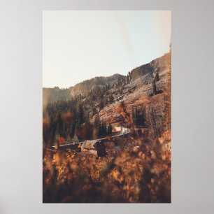 BROWN WOODEN BRIDGE ON BROWN ROCKY MOUNTAIN DURING POSTER