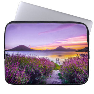 brown wooden dock between lavender flower field laptop sleeve