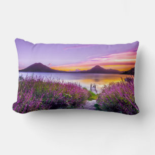brown wooden dock between lavender flower field lumbar cushion