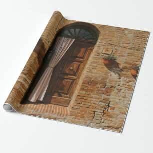 BROWN WOODEN DOOR ON BROWN BRICK WALL WRAPPING PAPER