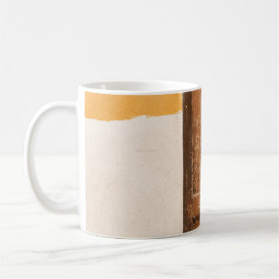 BROWN WOODEN DOOR ON WHITE SNOW COVERED GROUND COFFEE MUG