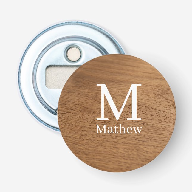 brown wooden frame rustic name monogram pattern si bottle opener (Front)