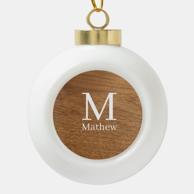 brown wooden frame rustic name monogram pattern si ceramic ball christmas ornament (Front)