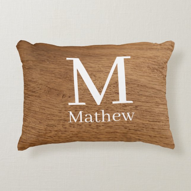 brown wooden frame rustic name monogram pattern si decorative cushion (Front)
