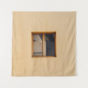 BROWN WOODEN FRAMED GLASS WINDOW TAPESTRY