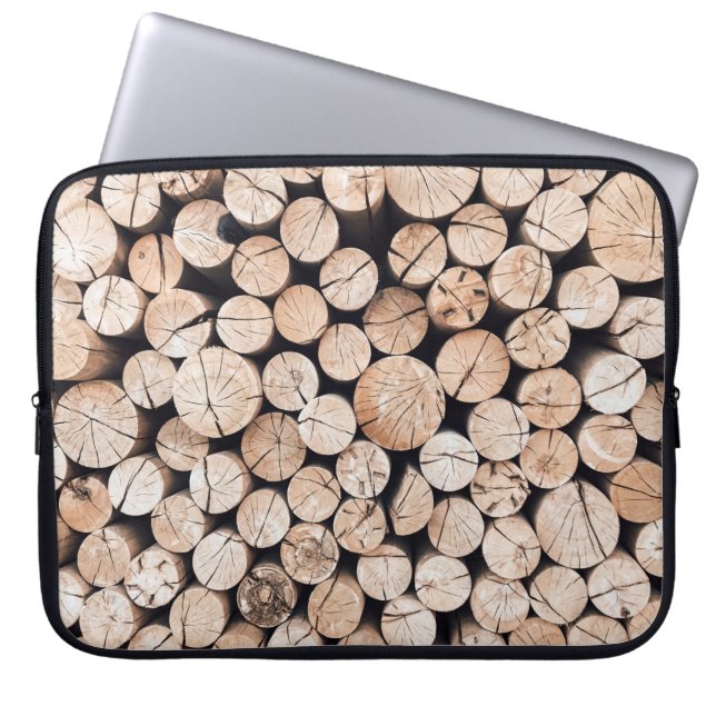 Brown wooden log lot laptop sleeve (Front)