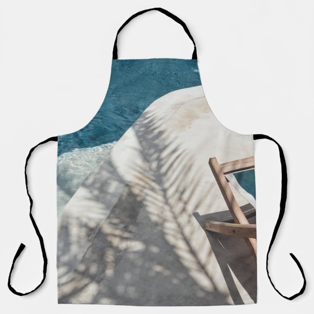 Brown wooden lounger near body of water apron (Front)