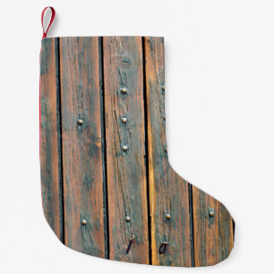 Brown wooden panel small christmas stocking
