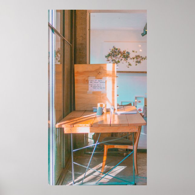 BROWN WOODEN TABLE WITH WHITE PRINTER PAPER POSTER (Front)