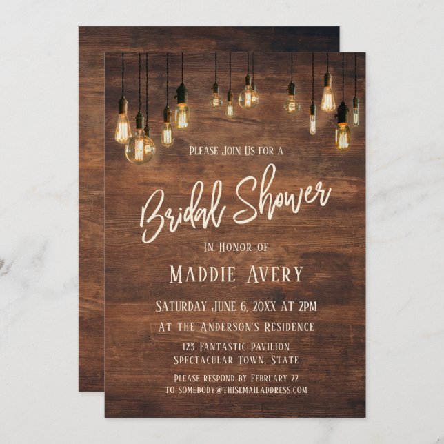 Brown Wooden Wall w/ Edison Lights Bridal Shower Invitation (Front/Back)