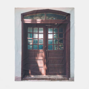 BROWN WOODEN WINDOW ON BLUE CONCRETE WALL FLEECE BLANKET