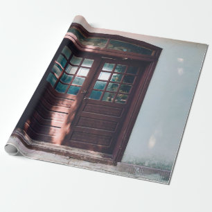 BROWN WOODEN WINDOW ON BLUE CONCRETE WALL WRAPPING PAPER