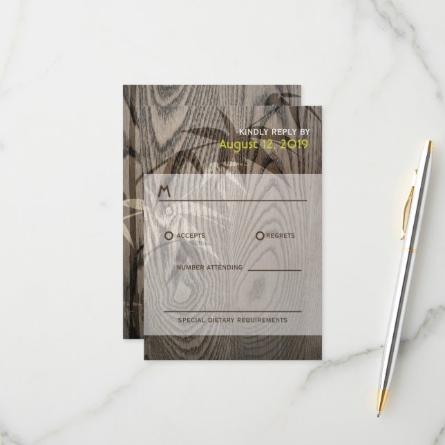 Brown Woodgrain Bamboo Leaves Rustic Asian Wedding RSVP Card (Front/Back In Situ)