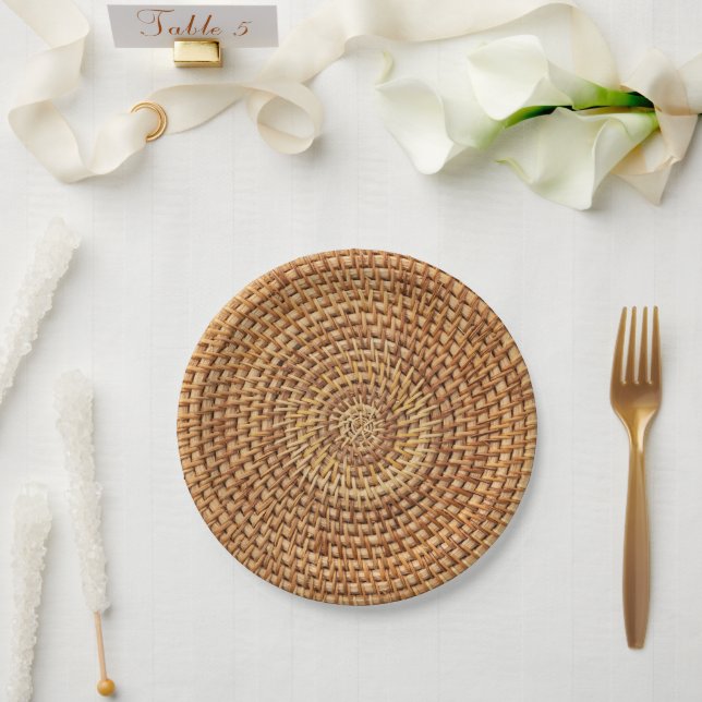 Brown Woven Basket Pattern Rustic Picnic Paper Plate (Wedding)