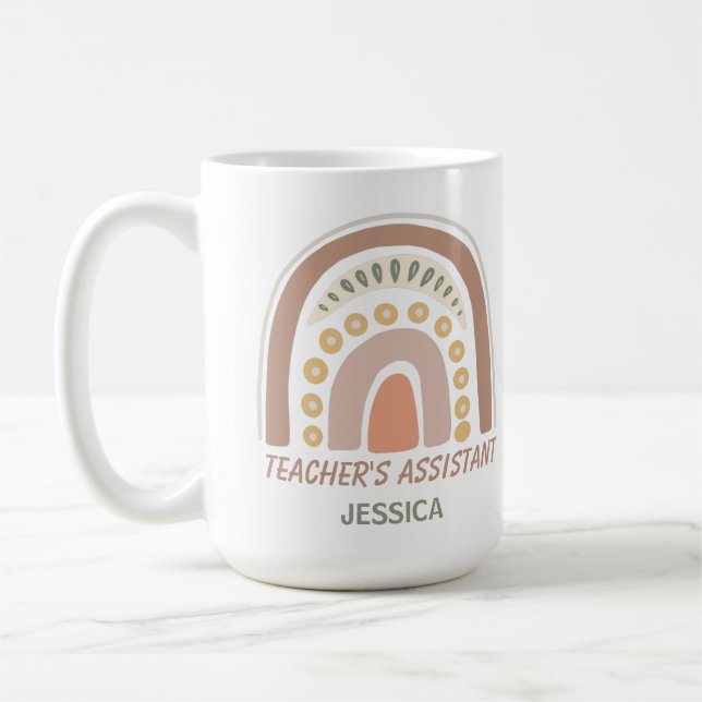 Brown Yellow Boho Rainbow Teacher's Assistant Name Coffee Mug (Left)