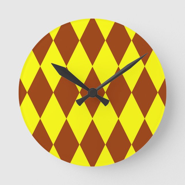 Brown Yellow Harlequin Checkered Design  Round Clock (Front)