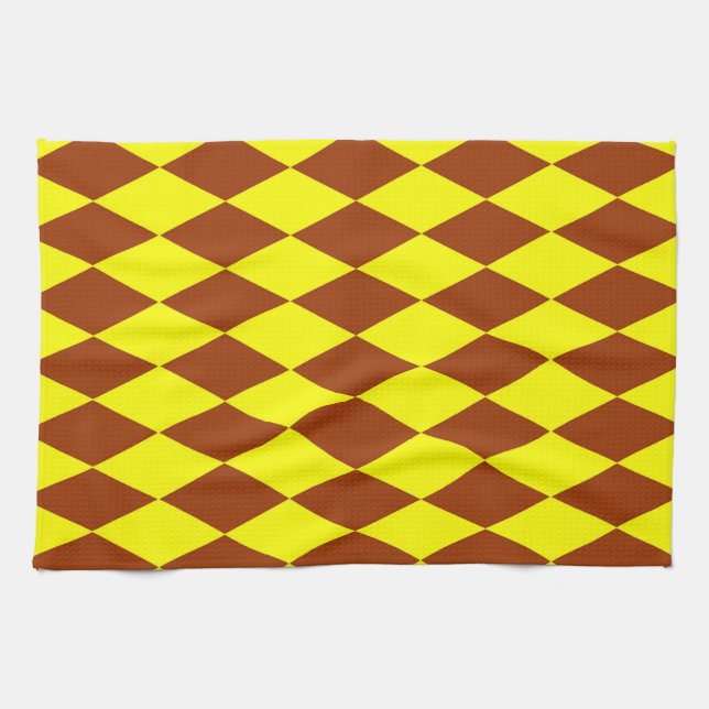 Brown Yellow Harlequin Checkered Design  Tea Towel (Horizontal)