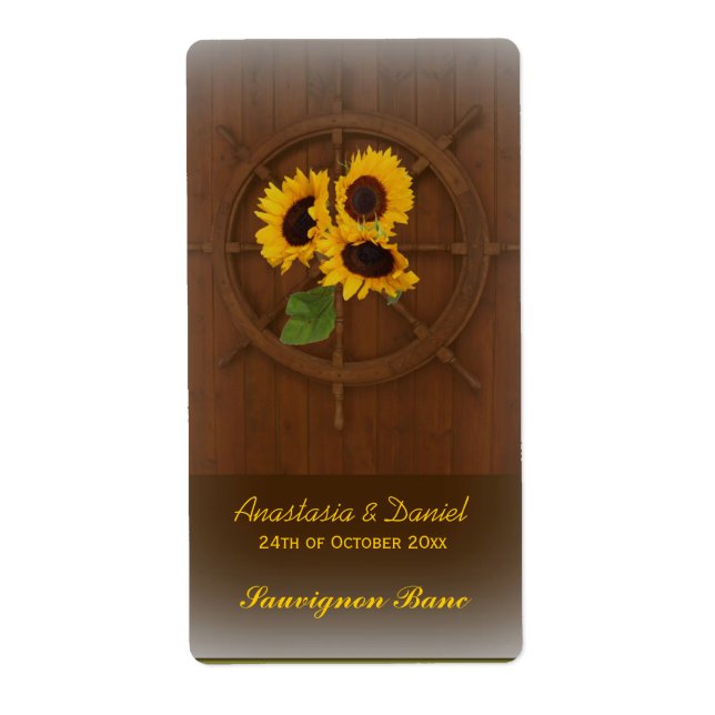 Brown yellow rustic sunflowers wedding wine label (Front)