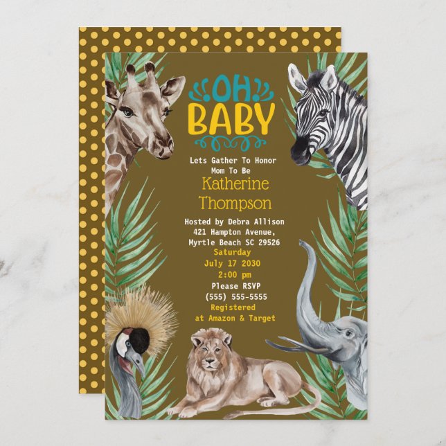  Brown Yellow Safari Jungle Animals Baby Shower  Invitation (Front/Back)