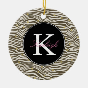 Brown Zebra Print Gold Confetti Monogram Ceramic Ornament