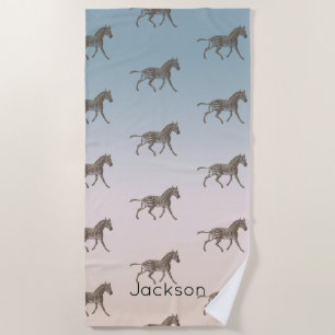 Brown Zebras Cream Blue Ombre Personalised Beach Towel