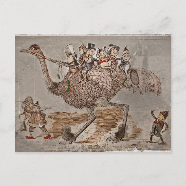 Brownies Riding an  Ostrich Holiday Postcard (Front)