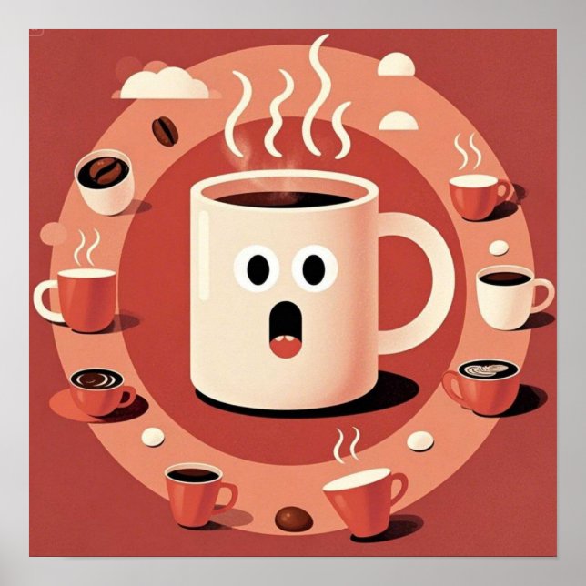Brownish Cute funny Cartoon coffee cups  Poster (Front)