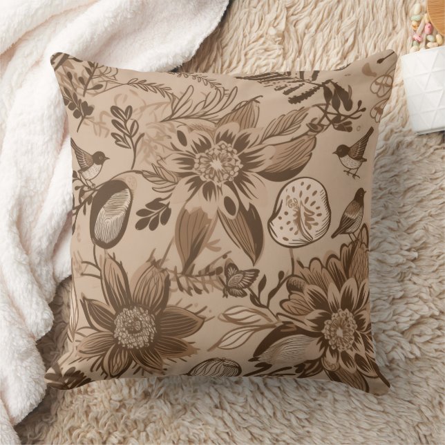 Brownish Floral and Birds Cushion (Blanket)