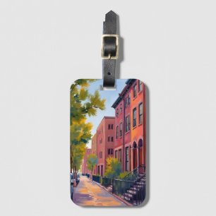 Brownstone City Street Boston Brick Watercolor Luggage Tag