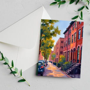 Brownstone City Street Boston Watercolor Card