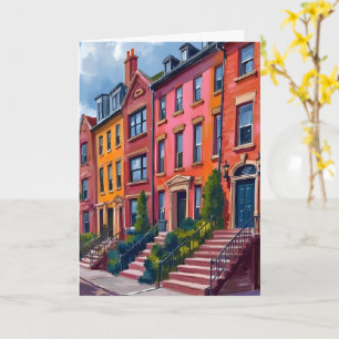 Brownstone City Street Watercolor Painting Card