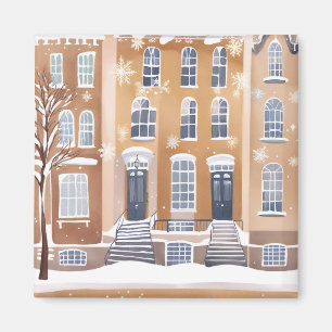 Brownstone Homes Snowy City Street Watercolor Magnet
