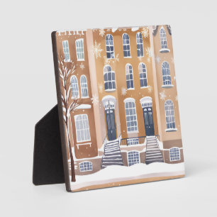 Brownstone Homes Snowy City Street Watercolor Plaque