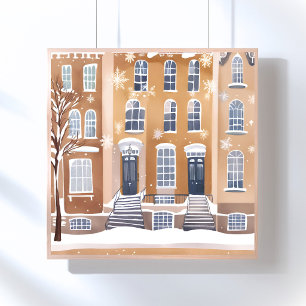 Brownstone Homes Snowy City Street Watercolor Poster