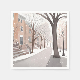 Brownstone Street   Snowy Winter Watercolor Napkin