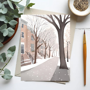 Brownstone Street   Snowy Winter Watercolor Postcard
