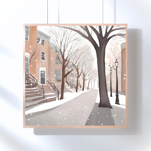 Brownstone Street Snowy Winter Watercolor Poster