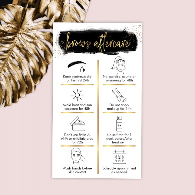 Brows Aftercare Guide Black & Gold Glitter Beauty Business Card (Creator Uploaded)