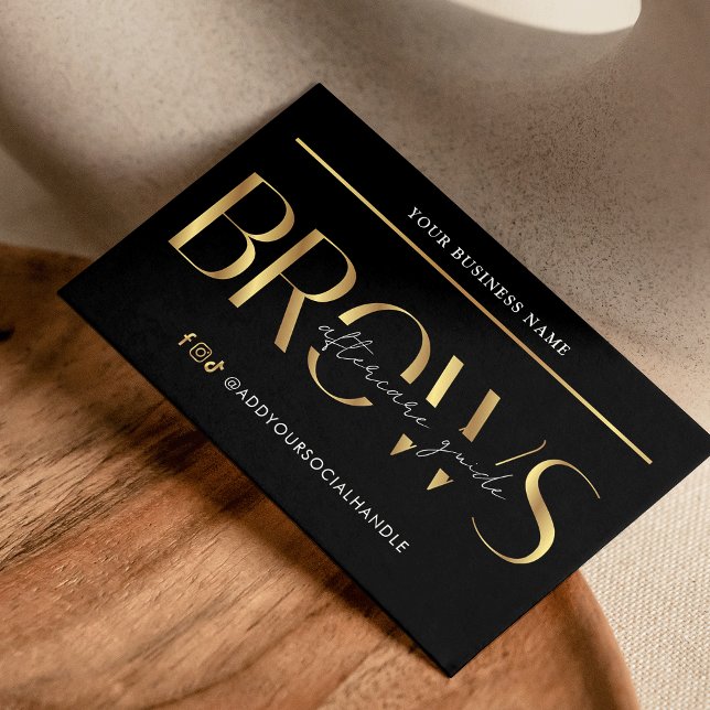 Brows Aftercare Instructions Glam Black & Gold PMU Business Card (elegant black and gold effects brows aftercare instructions cards)