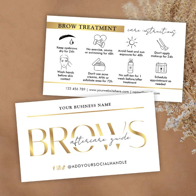 Brows Aftercare Instructions Glam White & Gold PMU Business Card (elegant white and gold effects brows aftercare instructions cards)