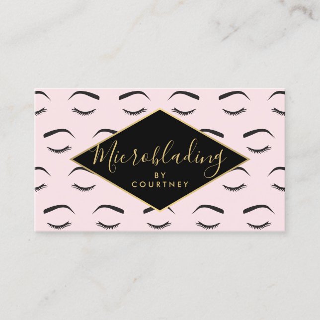 Brows and Lashes Microblading Pink/Black/Gold Business Card (Front)