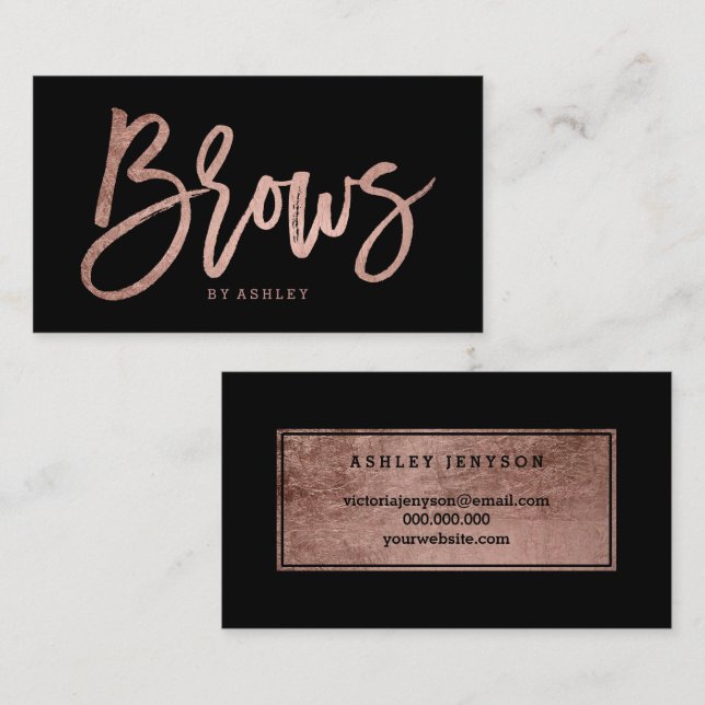 Brows elegant faux rose gold typography black business card (Front/Back)