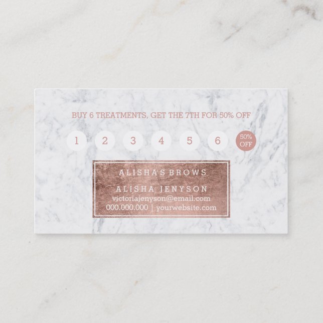 Brows faux rose gold typography marble loyalty 2 card (Back)