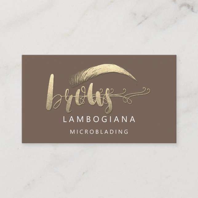 Brows Golden Logo Microblading Social Media Brown  Business Card (Front)